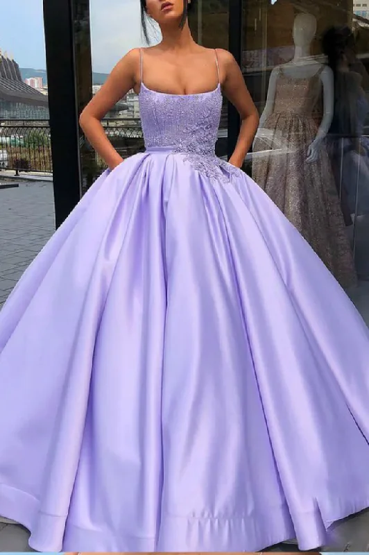 women's eco-friendly dressesPurple Ball Gown Spaghetti Straps Satin Sweet 16 Dress With Pocket Quinceanera Dress gh2217