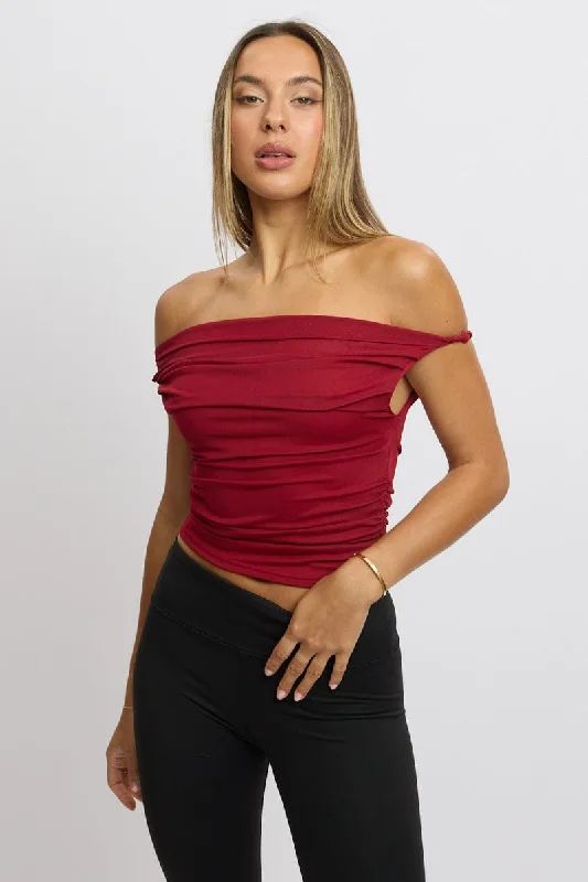 women's tops with unique designsRed Off Shoulder Top Mesh