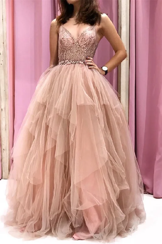 women's curve-hugging dressesSpaghetti Straps Pink Tulle Long Ball Gown gh2543