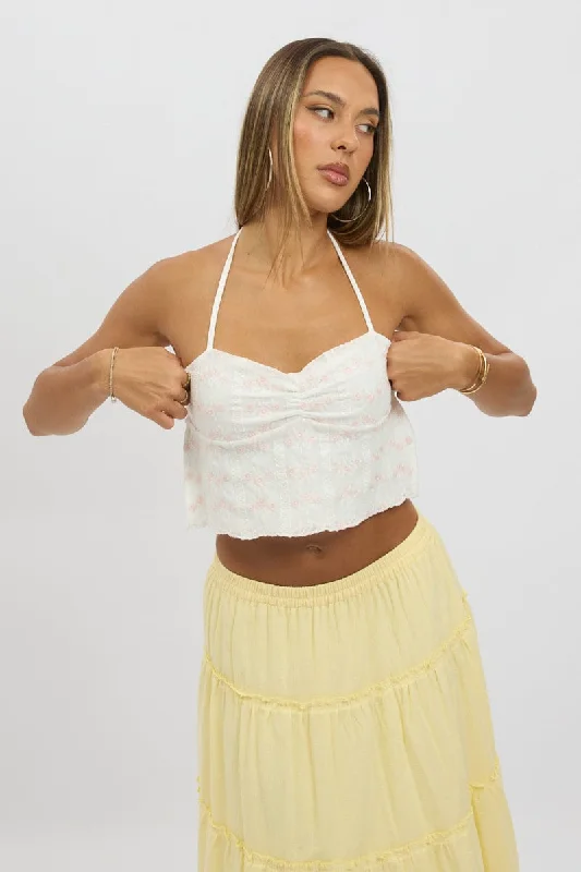 women's tops with spaghetti straps and deep V-necksWhite Halter Neck Top Lace