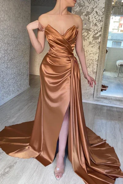 women's pear-shaped body dressesMermaid off-shoulder sweetheart floor-length multi-layered sleeveless backless side train high slit ball gown gh2533