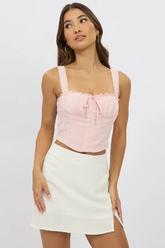 women's tops for layeringPink Corset Crop Top Sleeveless Ruched Bust Lace Trim