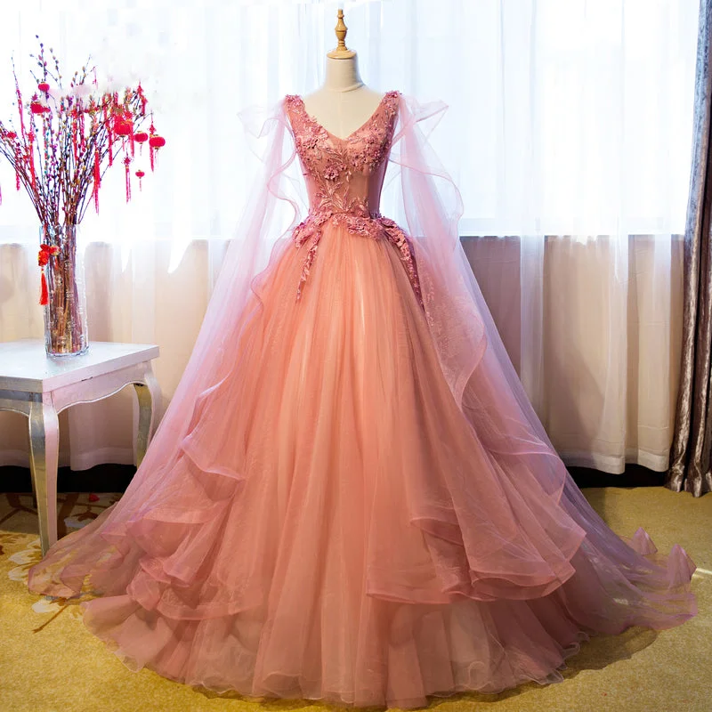 women's maternity dressesPink v neck tulle lace ball gown formal dress  8240