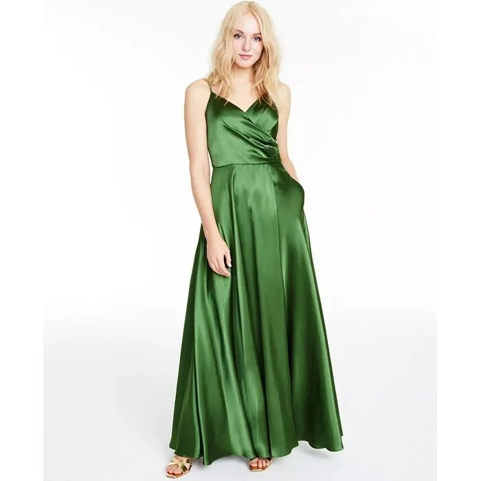 women's maxi dressesMorgan & Co Women's Pleated Surplice Satin Gown Green Size 7