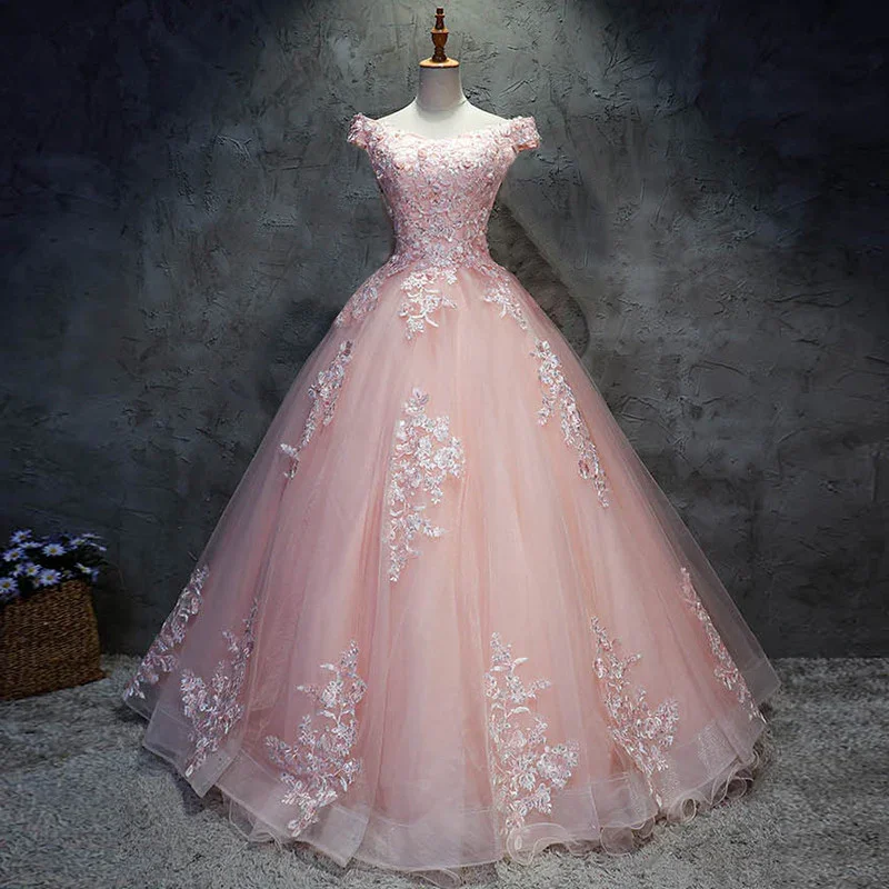 women's custom dressesPink Cap Sleeves Ball Gown Tulle With Lace Sweet 16 Dresses, Long Quinceanera Dresses gh77