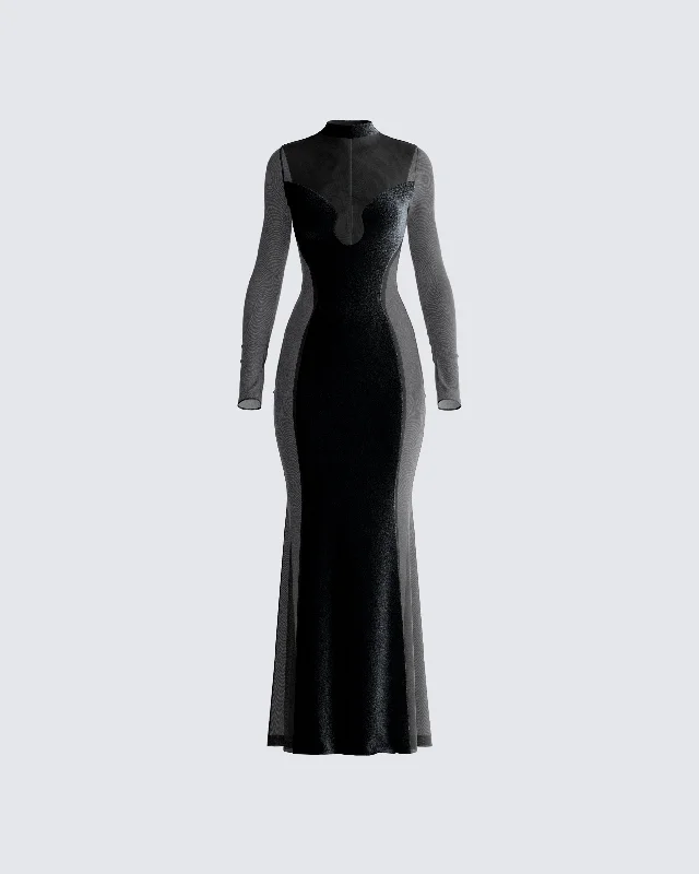 women's beach dressesWilma Black Velvet Paneled Gown