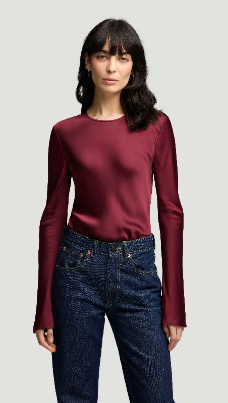 women's tops for those who want to wear versatile pieces that can be dressed up or downLongsleeve Bias Top in Viscose Satin  | Burgundy