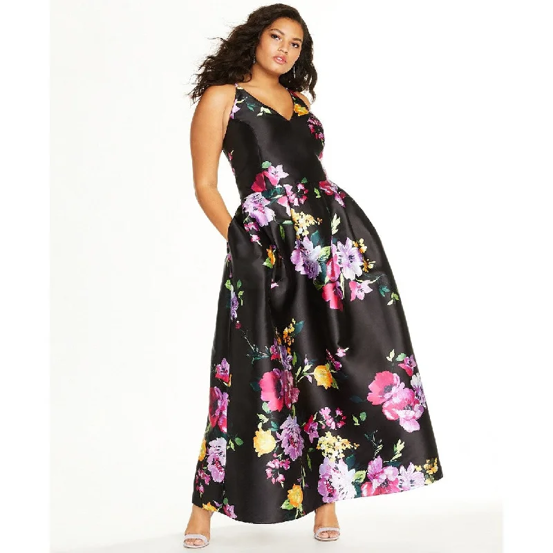 women's stretchy dressesBcx Women's Trendy Plus Size Floral-Print Plunge Gown Black Size 24W