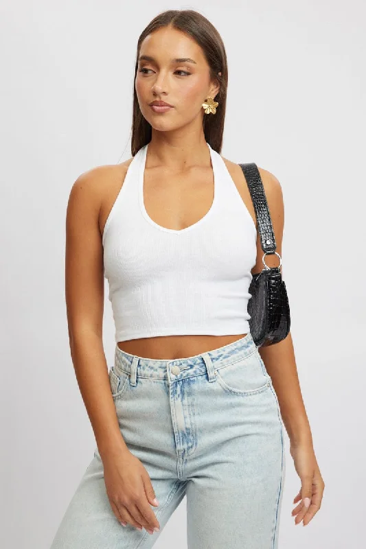 women's tops that offer a perfect blend of style, comfort, and affordabilityWhite Halter Top Sleeveless Rib