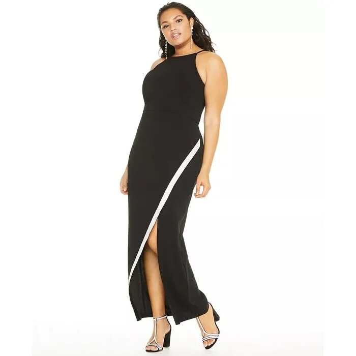 women's glam dressesBCX Women's Trendy Plus Size Rhinestone Bias Slit Gown Black Size Extra Large