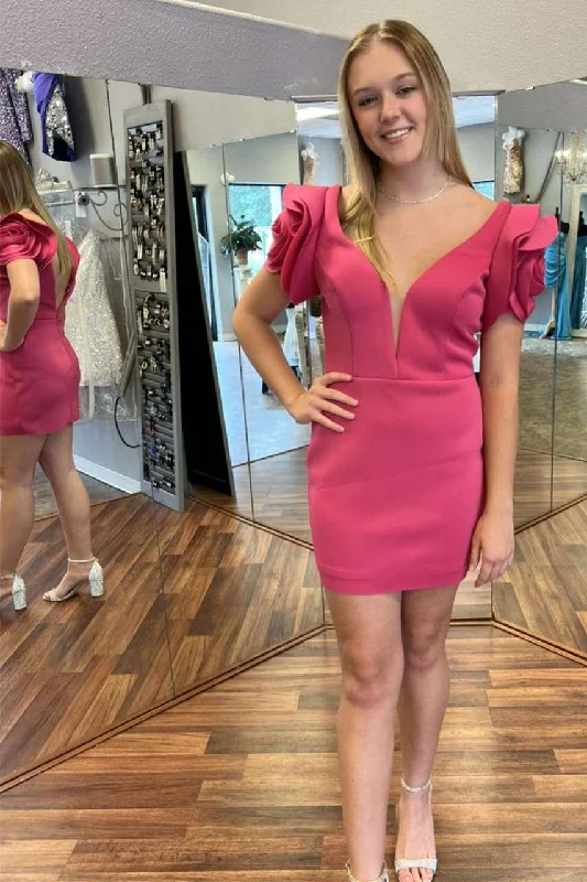 women's vintage dressesHot Pink Plunge V Ruffled Sleeve Backless Cocktail Gown gh1268