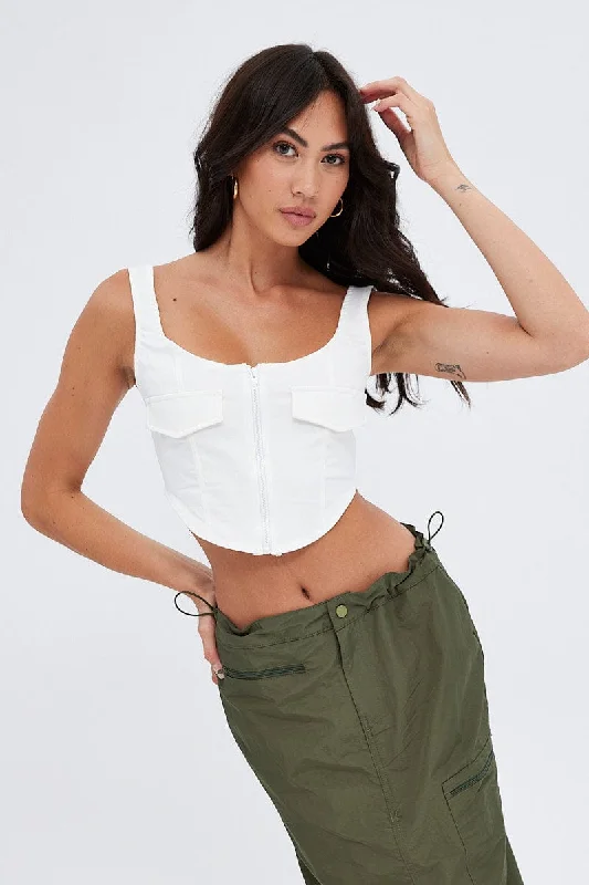 women's tops for maximalist fashion loversWhite White Top Sleeveless with Zipper