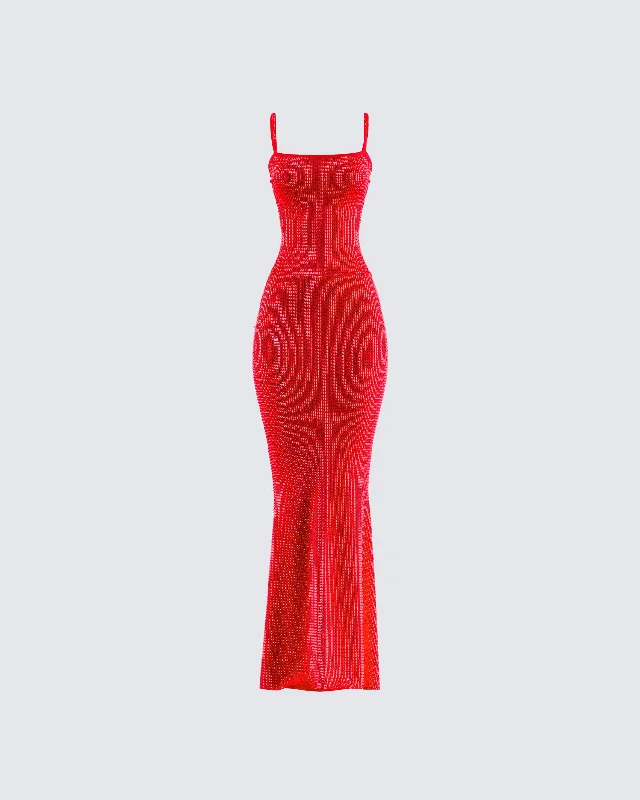 women's travel dressesNuma Red Rhinestone Gown