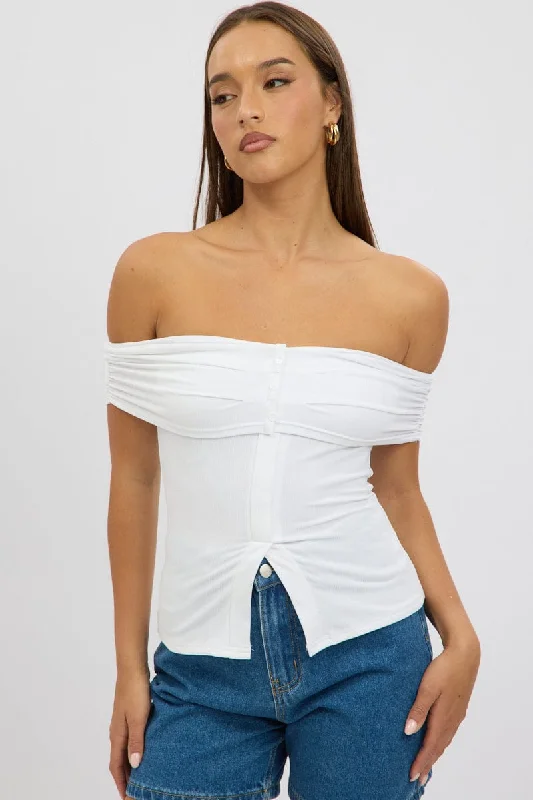 women's tops with cinched waistsWhite Off Shoulder Top Rib