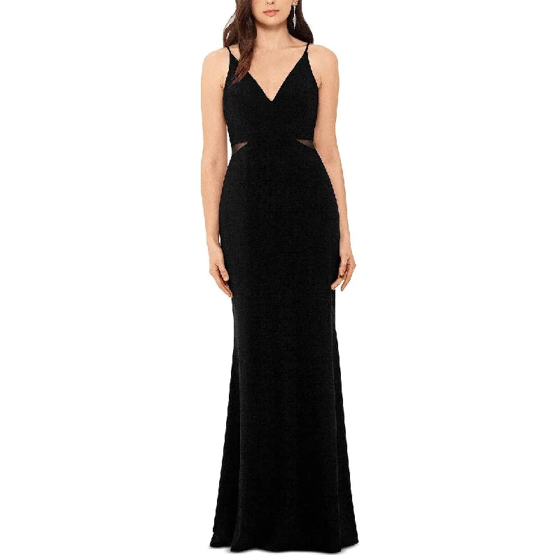 women's machine-washable dressesXscape Women's V-Neck Mesh-Detail Gown Black Size 14