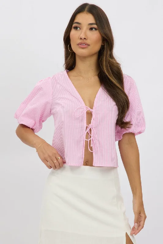 women's tops for business casual attirePink Stripe Front Tie Top Puff Short Sleeve