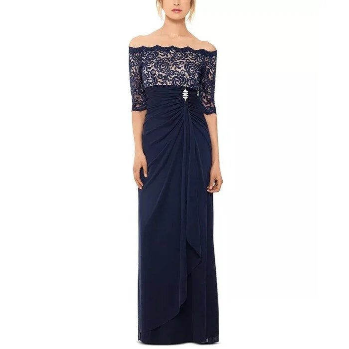 women's A-line dressesB&A by Betsy & Adam Women's Off-The-Shoulder Lace Gown Dark Blue Size 16