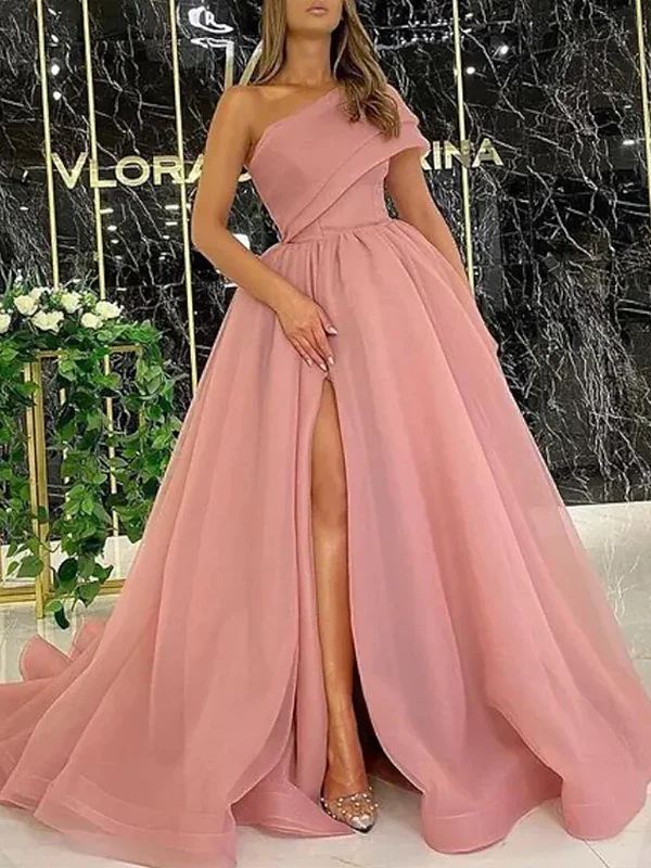 women's everyday dressesGorgeous Pink Ball Gown Organza Ruffles One-Shoulder Sleeveless Sweep/Brush Train Dresses  gh2267