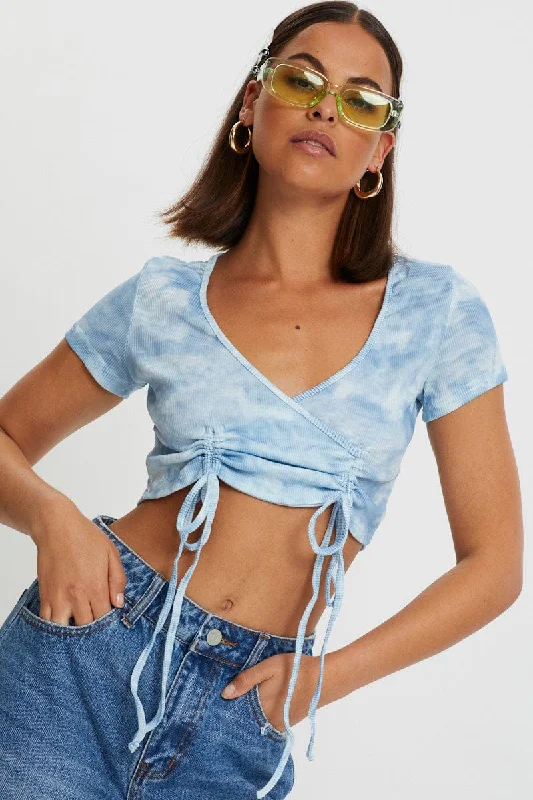 women's tops for those who refuse to compromise on styleBlue Tie Dye Drawstring Ruched Top