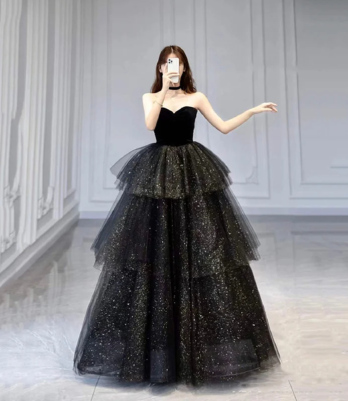 women's evening dressesBlack velvet tulle long ball gown dress black formal dress  10432