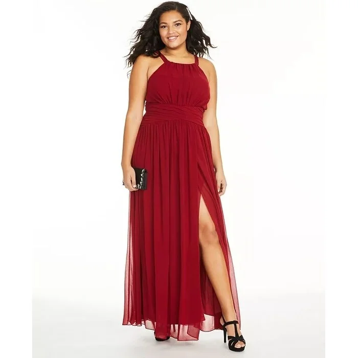 women's hourglass figure dressesCity Studios Women's Trendy Plus Size Ruched Chiffon Slit Gown Wine Size Small Petite