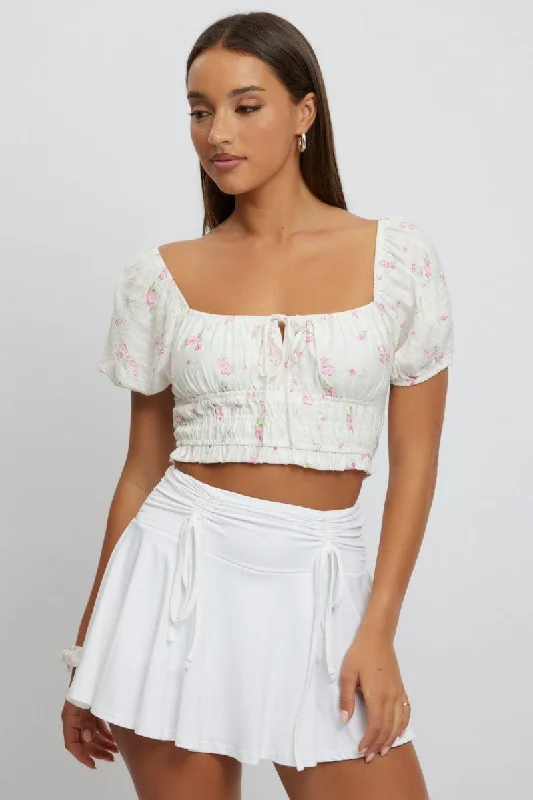 women's tops for those who want to wear pieces that are both comfortable and stylishWhite Ditsy Crop Top Short Sleeve Ruched Bust