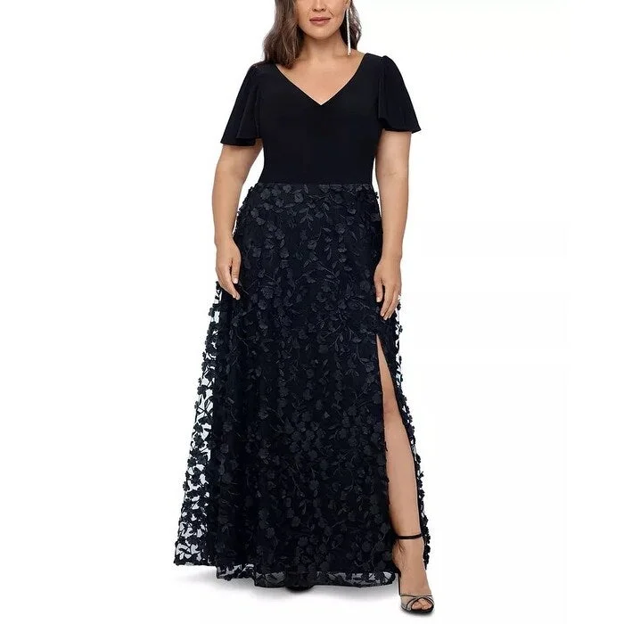 women's boho dressesXSCAPE Women's Plus 3D Floral Gown Black Size 22W