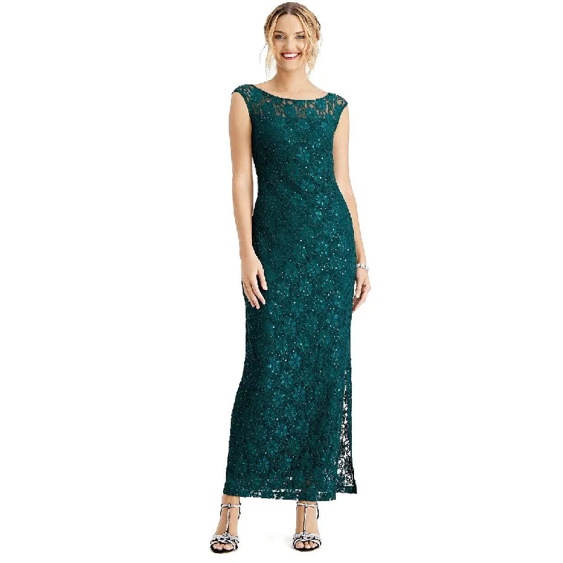 women's velvet dressesConnected Women's Sequined Lace Slit Gown Dark Green Size 12