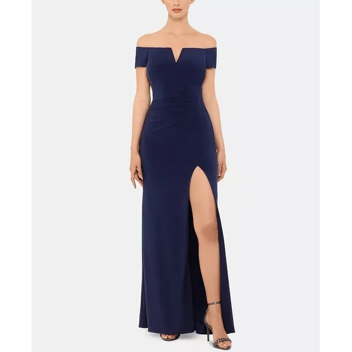 women's ethical fashion dressesXscape Women's Off The Shoulder Ruched Gown Navy Size 8 Petite - 8 Petite