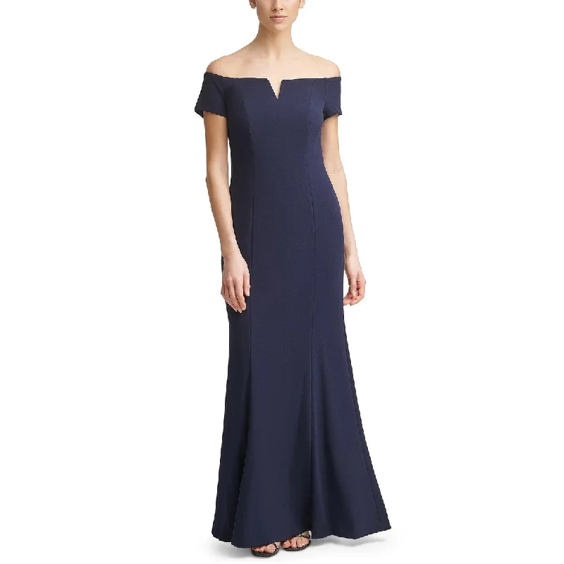 women's striped dressesCalvin Klein Women's Notched Off-The-Shoulder Gown Blue Size 2