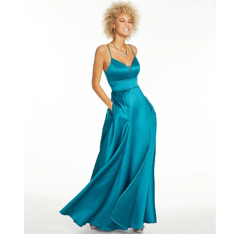 women's evening dressesCity Studios Junior's Stretch Satin Faux Wrap Gown Blue Size 3