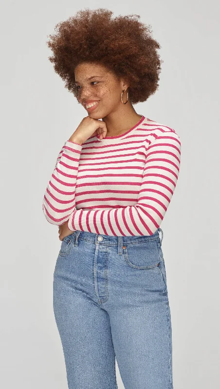 women's tops for those who want to stay cool and chic during warmer weatherStriped Longsleeve Tee in Ribbed Cotton | Magenta/Ivory