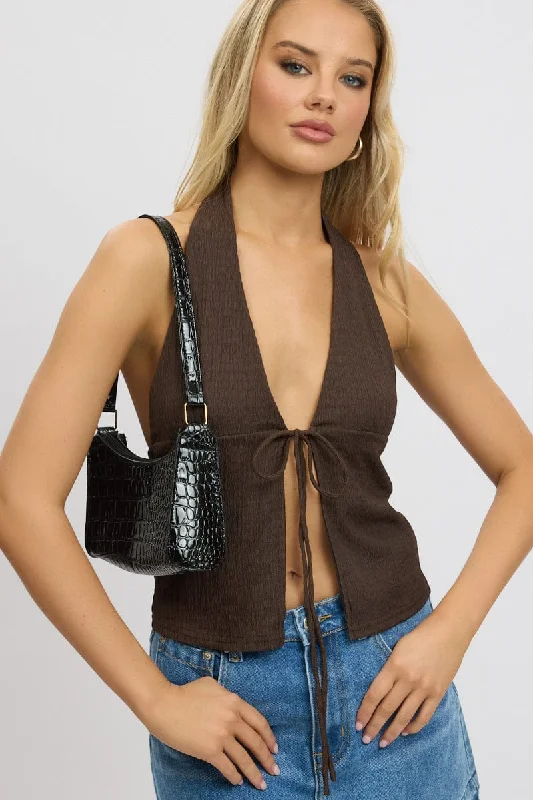 women's tops for those who want to add a touch of elegance and sophistication to their everyday wearBrown Textured Top Halter Neck Tie Up Front