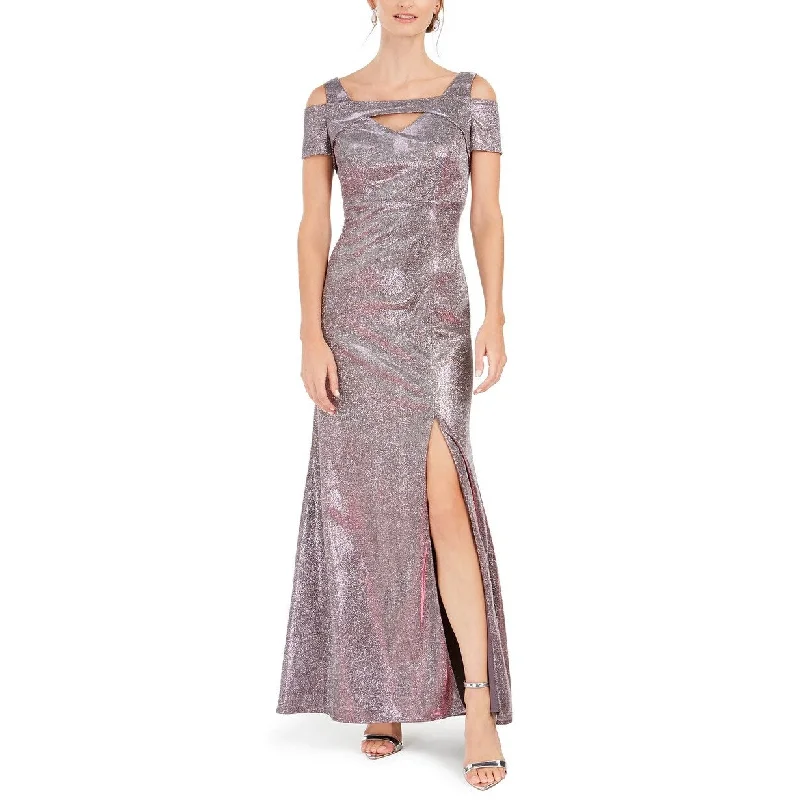 women's bow dressesNightway Women's Metallic Cold-Shoulder Gown Purple Size 8