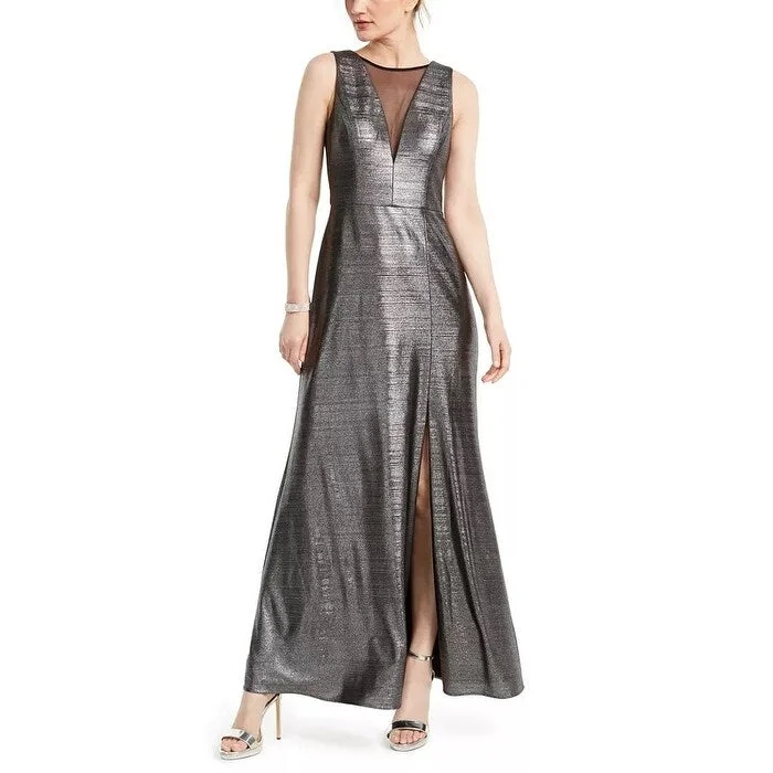 women's silk dressesNightway Women's Metallic Illusion-Mesh Gown Gray Size 14