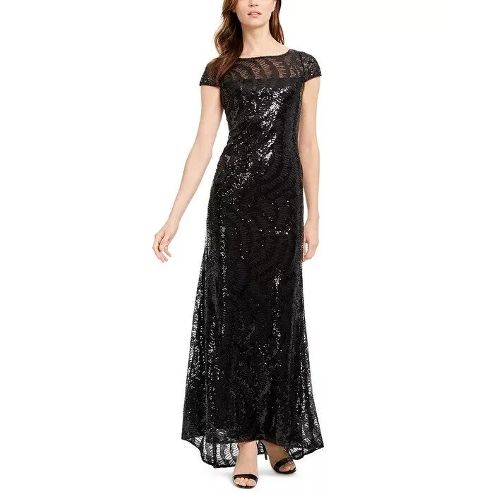 women's vacation dressesCalvin Klein Women's Cap-Sleeve Sequined V-Back Gown Black Size 6