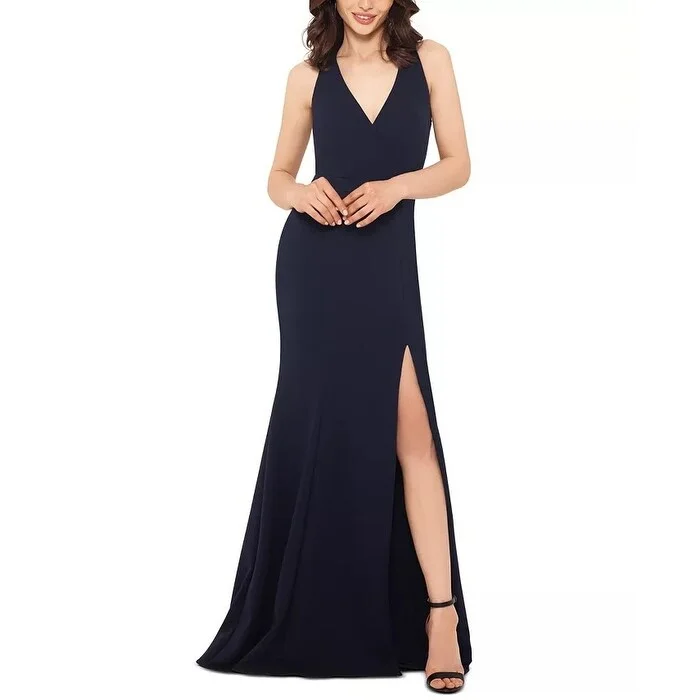 women's satin dressesXscape Women's Side-Slit Gown Navy Size 16