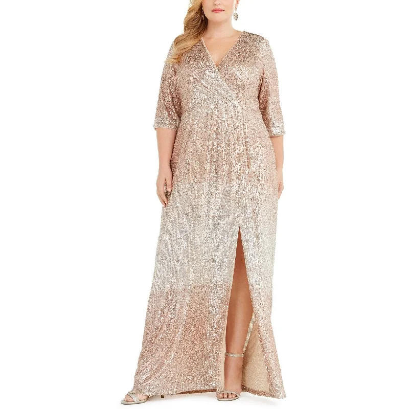 women's curve-hugging dressesR & M Richards Women's Plus Size Sequined Surplice Gown Brown Size 18W