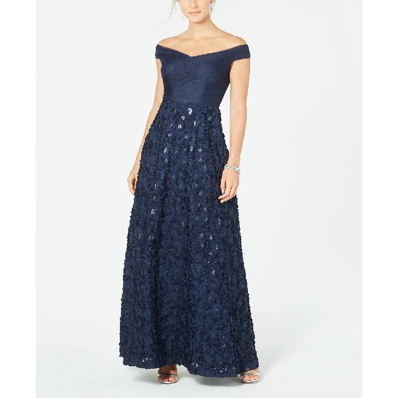 women's midi dressesAdrianna Papell Women's Off-The-Shoulder Floral Gown Navy Size 4