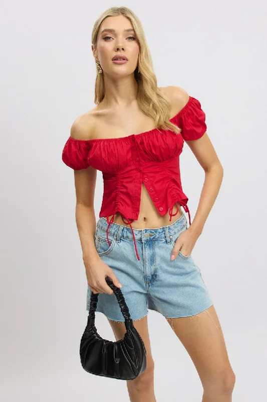 women's tops for maximalist fashion loversRed Crop Top Short Sleeve Ruched Button Front