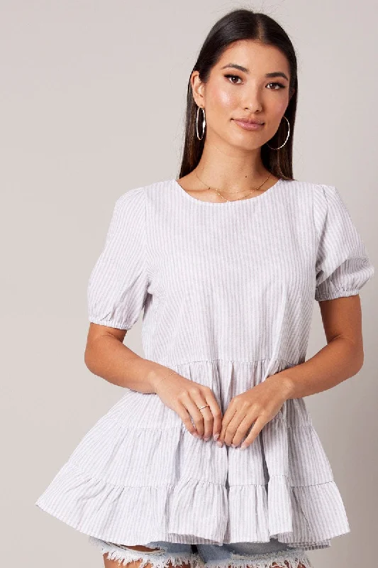 women's tops for those who want to wear pieces that are both comfortable and stylishWhite Stripe Smock Top Short Sleeve Tiered