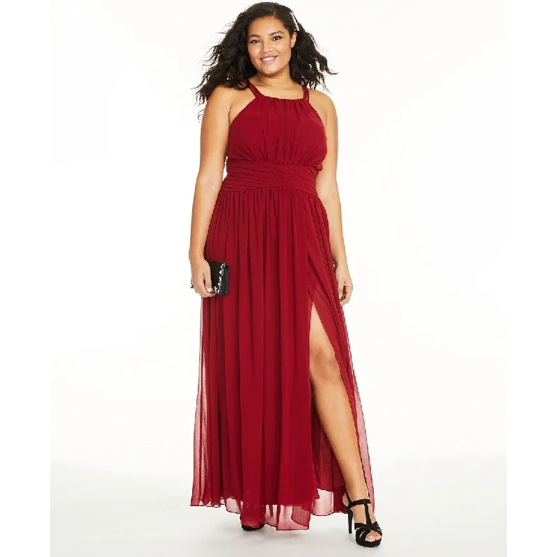 women's travel dressesCity Studios Women's Trendy Plus Size Ruched Chiffon Slit Gown Red Size18