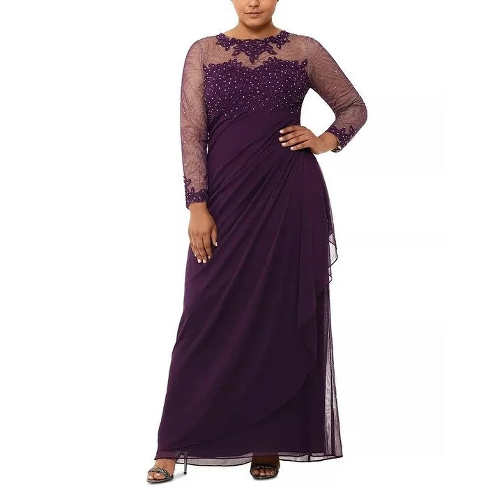 women's wrinkle-resistant dressesXscape Women's Embellished Illusion Long Sleeve Ruched Gown Purple Size 18W