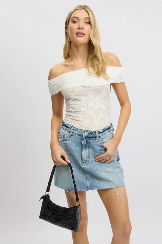 women's tops with beading accentsWhite Textured Top Off Shoulder