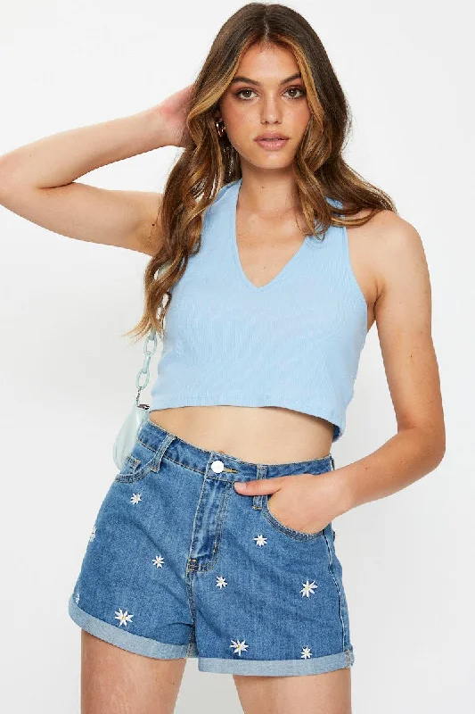 women's tops with embroidery detailsBlue Ribbed Halter Neck Top