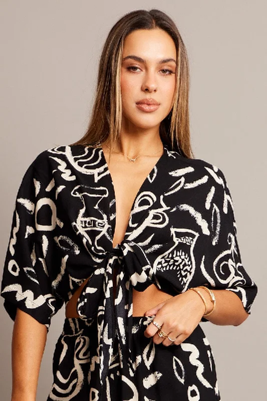 women's tops for those who want to create outfits that are both trendy and timelessBlack Abstract Tie Up Bolero Short Sleeve