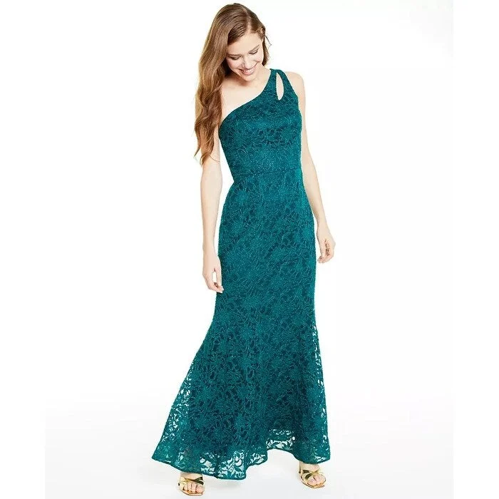 women's bell-sleeved dressesBCX Juniors' One Shoulder Glitter Lace Gown Green Size 3