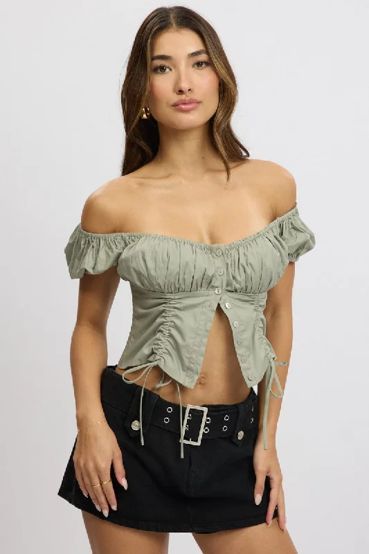 women's tops for beach outingsGreen Crop Top Short Sleeve Ruched Button Front