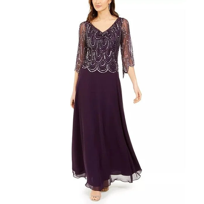 women's ethical fashion dressesJ Kara Women's Cowlneck Beaded Gown Purple Size 18