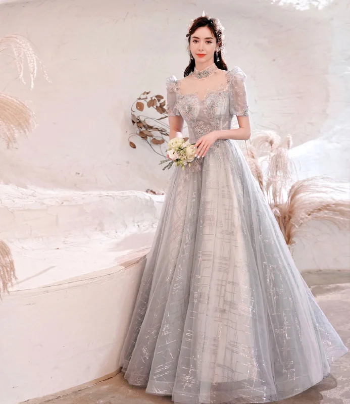 women's bridesmaid dressesGray tulle sequins long ball gown dress formal dress  10322